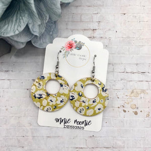 Blue Poppies on Yellow Cork Leather Circle cutout earrings