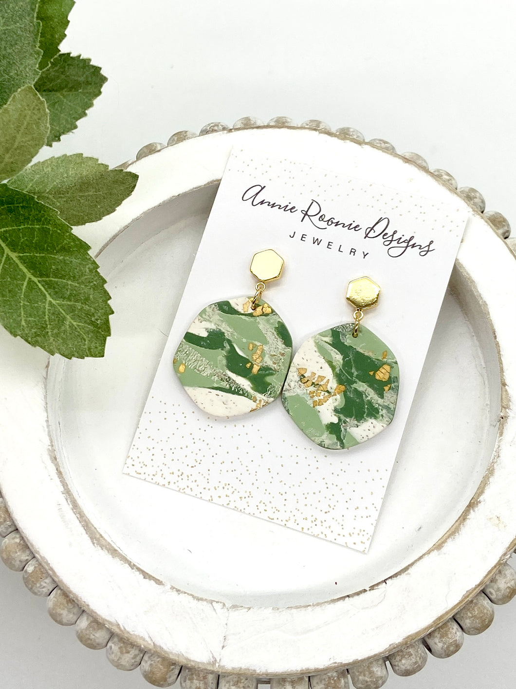Green White & Gold Clay Abstract Hexagon earrings