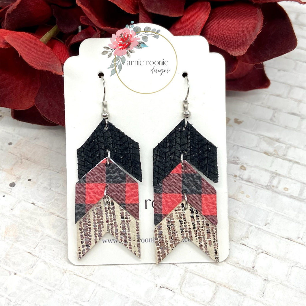 Black, Red Buffalo Plaid, & Silver striped Leather Stacked Chevron earrings