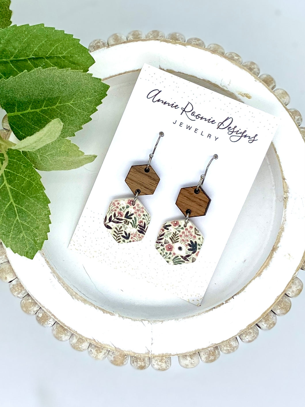 Gray Floral Clay Hexagon earrings