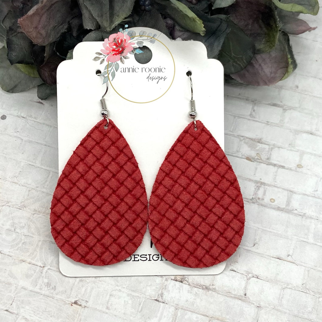 Red Crosshatch Embossed Suede Teardrop earrings