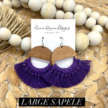 Load image into Gallery viewer, Purple Macrame + Wood Half Moon Circle earrings