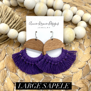 Purple Macrame + Wood Half Moon Circle earrings