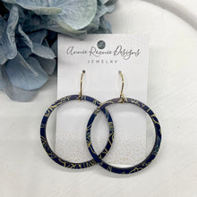 Load image into Gallery viewer, Navy &amp; Gold Floral Wood hoop earrings