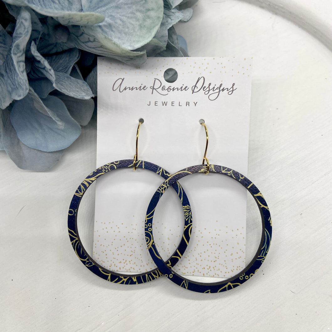 Navy & Gold Floral Wood hoop earrings