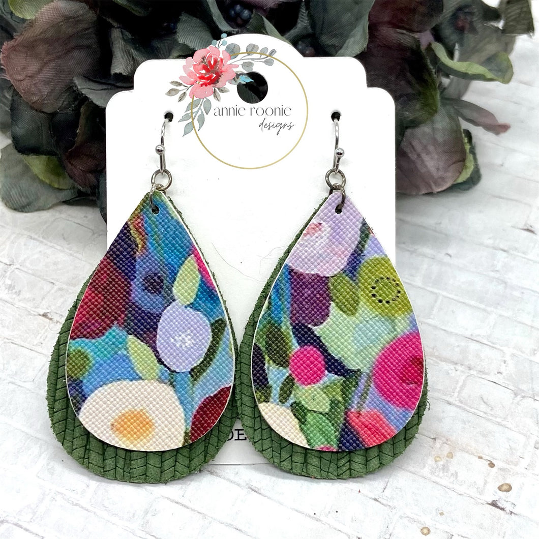 Abstract Floral Vegan leather/Pine Green Suede Double Teardrop earrings