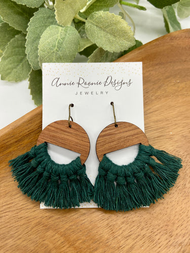 Forest Green Macrame + Wood earrings