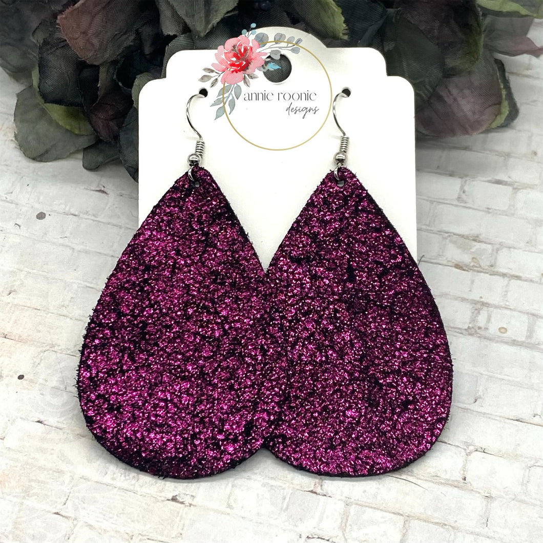 Dark Pink Sparkle Leather Teardrop earrings