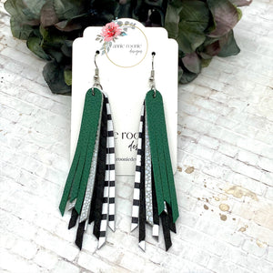 Skinny Fringed Earrings in Green, Black, & Silver leathers