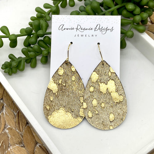 Acid Wash Gold Leather (hair on) Teardrop earrings