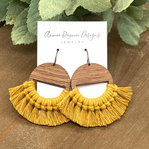 Mustard Yellow Macrame + Wood earrings
