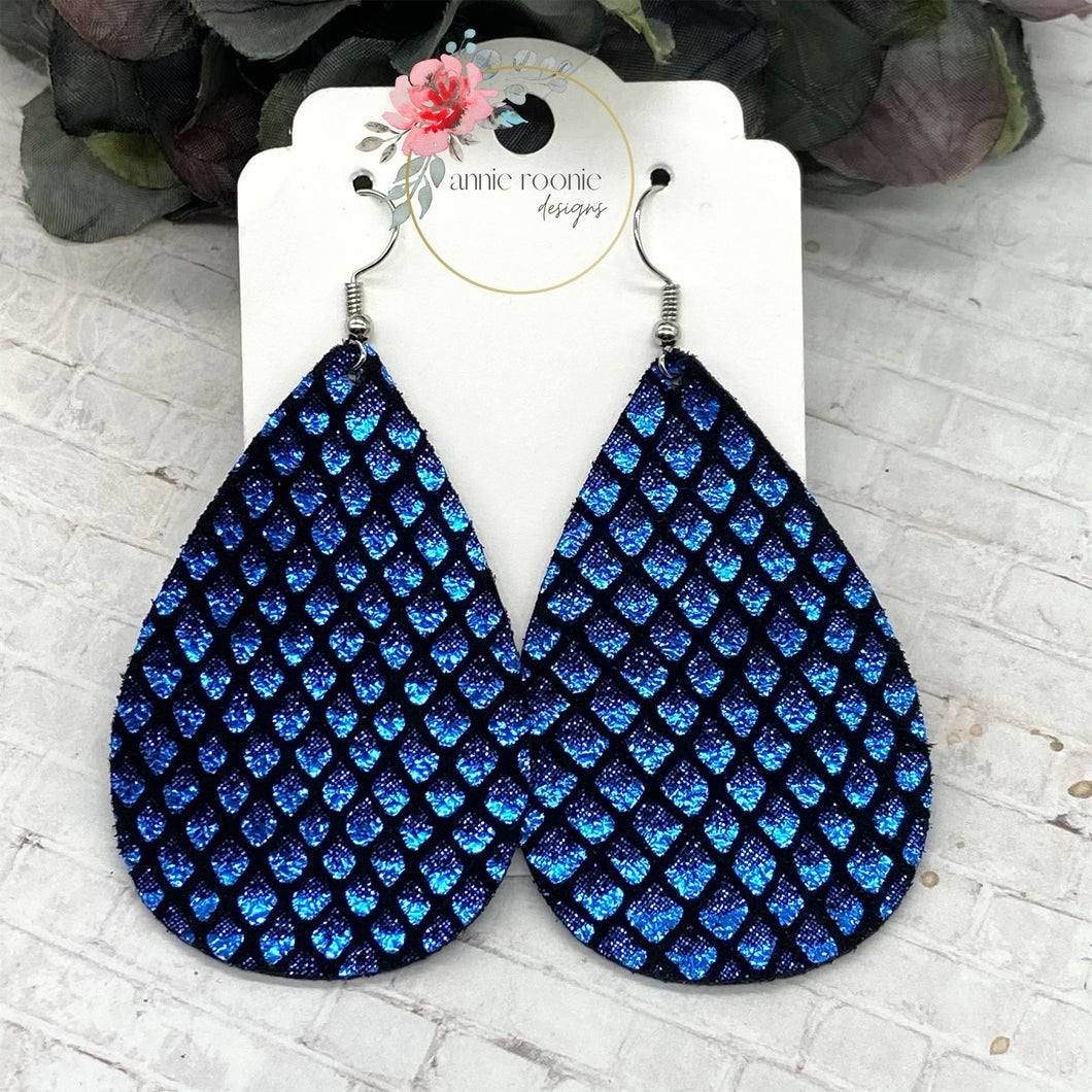 Blue Metallic Fish Scales leather Teardrop earrings