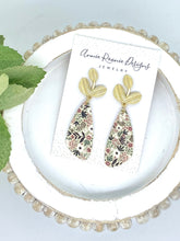 Load image into Gallery viewer, Gray Floral Clay Angled Bar earrings