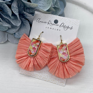 Peach Mosaic tile with raffia tassel earrings