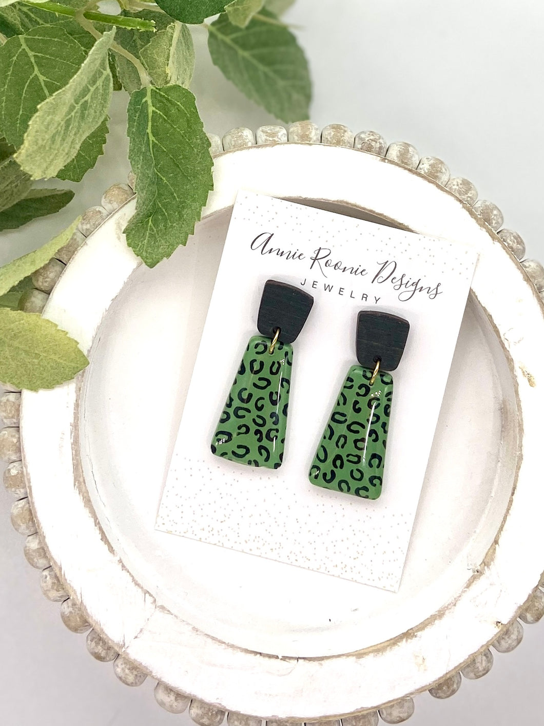 Green Leopard Clay Oblong Bar earrings