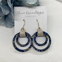 Load image into Gallery viewer, Navy &amp; Gold Floral Wood hoop earrings