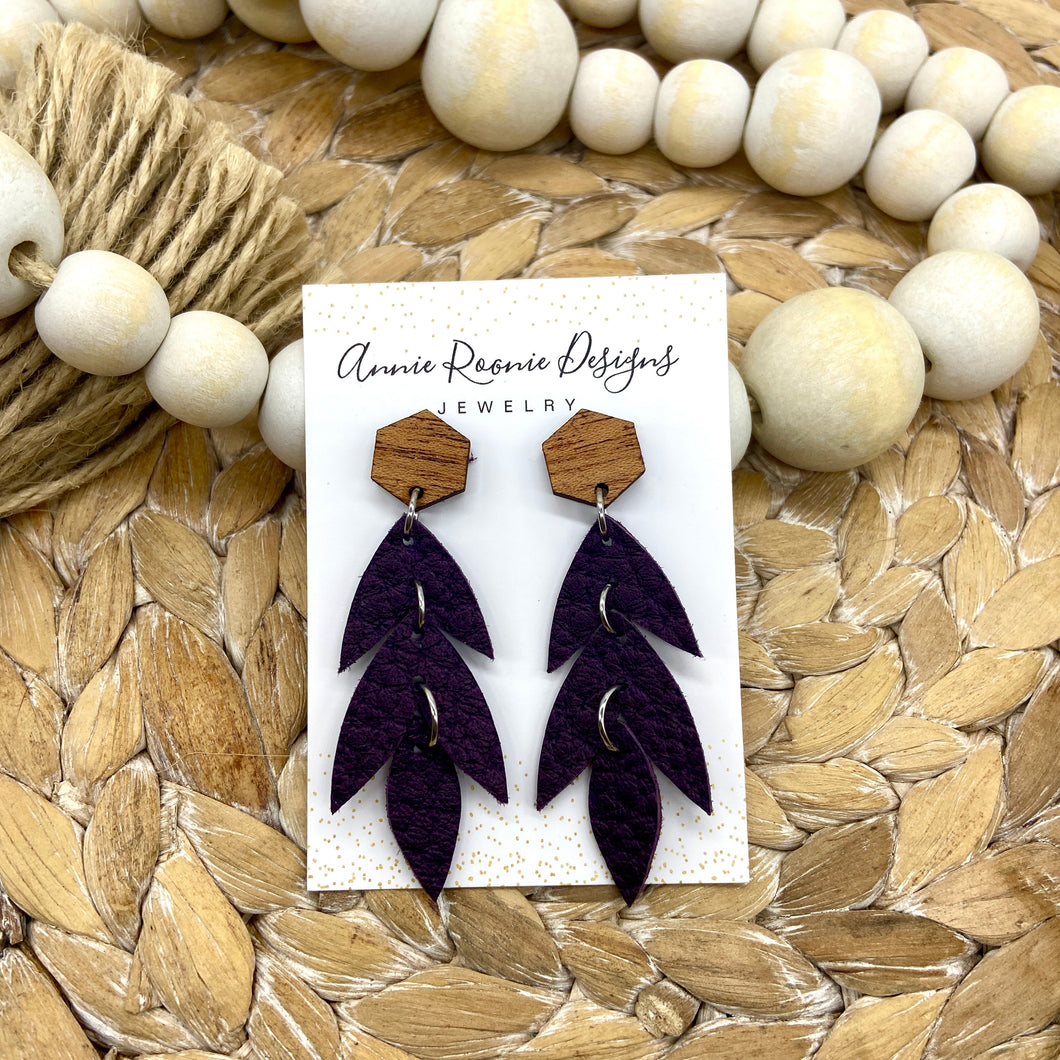 Falling Leaves Earrings in Plum Leather/Hexagon posts