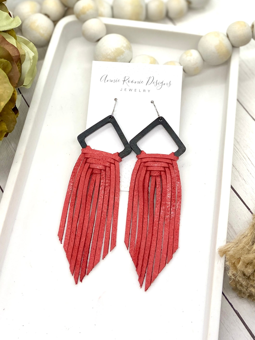 Woven Fringe Earrings in Black Wood/Red leather