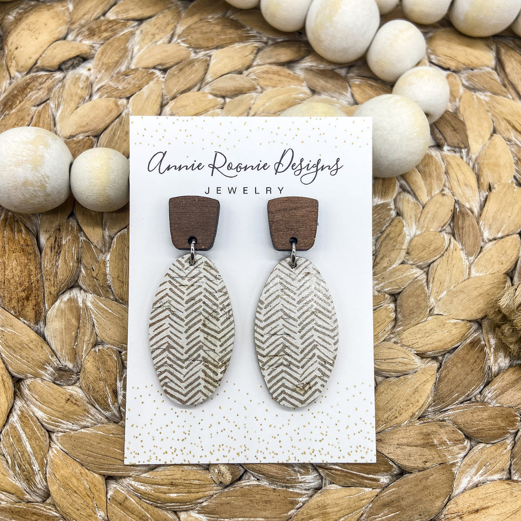 Oval Cork leather & Walnut post earrings