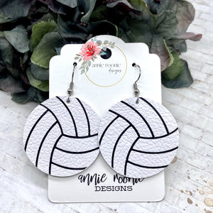 White Leather Volleyball Round earrings