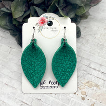 Load image into Gallery viewer, Green Tiny Triangles leather Pinched Petal earrings