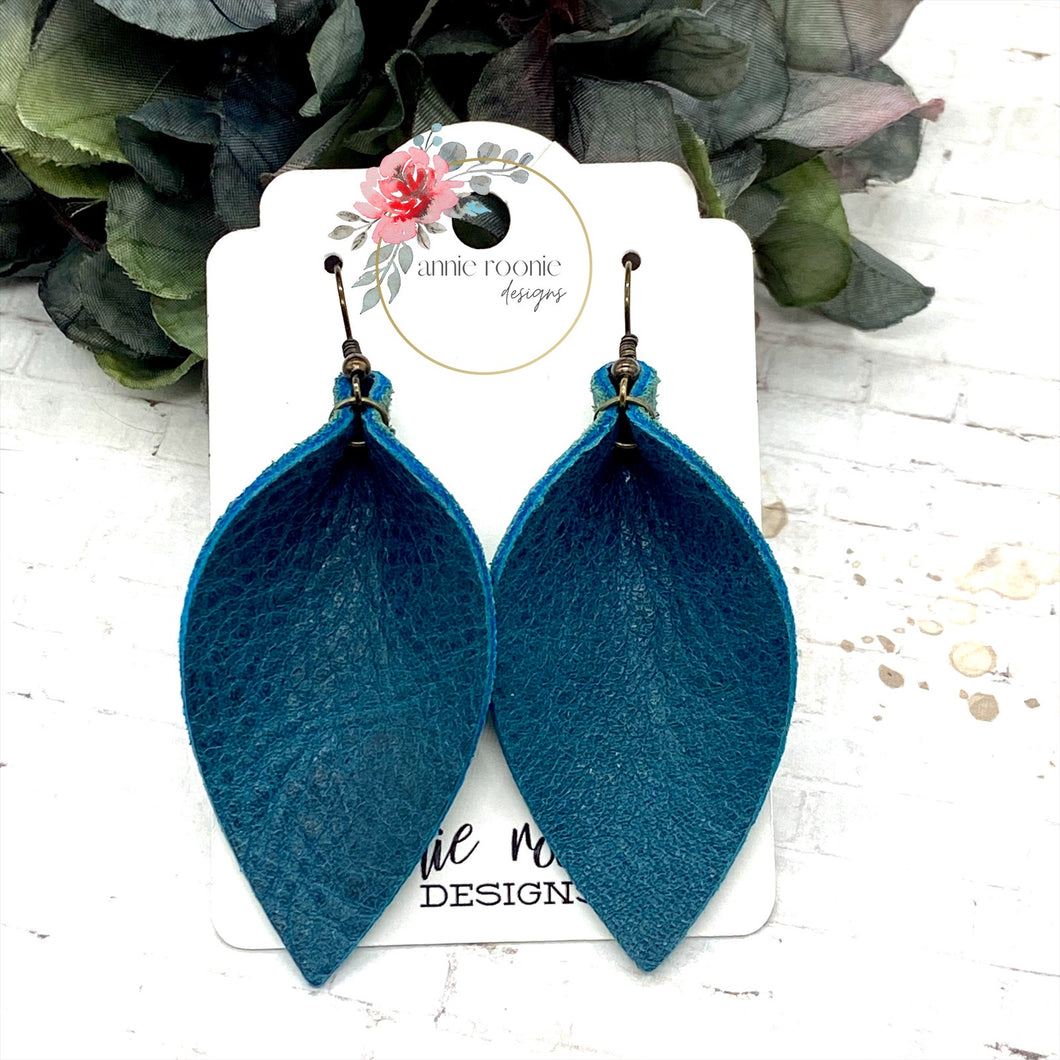 Dark Teal Leather Pinched Petal earrings