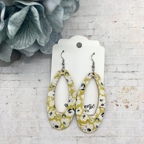 Poppies on Yellow Cork leather Oval cutout earrings