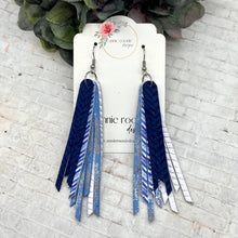 Load image into Gallery viewer, Skinny Fringed Earrings in Navy, White, &amp; Light Blue leathers