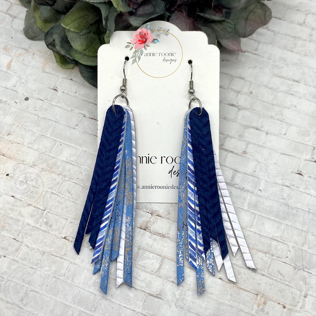 Skinny Fringed Earrings in Navy, White, & Light Blue leathers