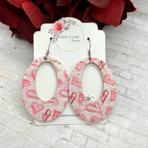 Pink Hearts Cork leather Oval cutout earrings