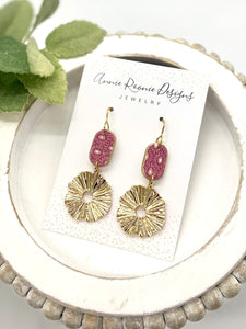 Pink Boho Patterned Clay Gold Sunburst earrings