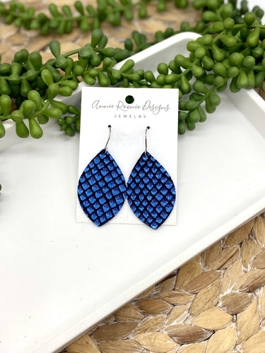 Blue Metallic Fish Scales leather Marquis earrings