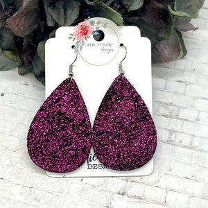 Dark Pink Sparkle Leather Teardrop earrings