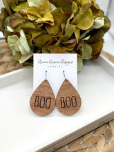 Load image into Gallery viewer, “BOO” engraved Wooden Teardrop earrings