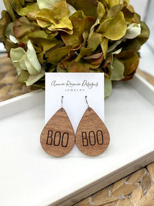 “BOO” engraved Wooden Teardrop earrings