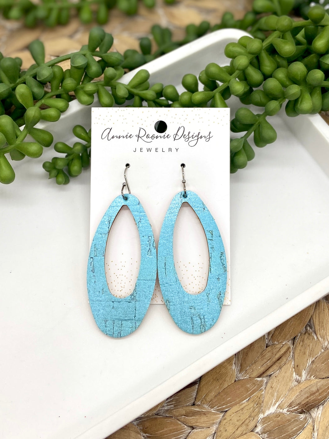 Turquoise Cork leather Oval cutout earrings