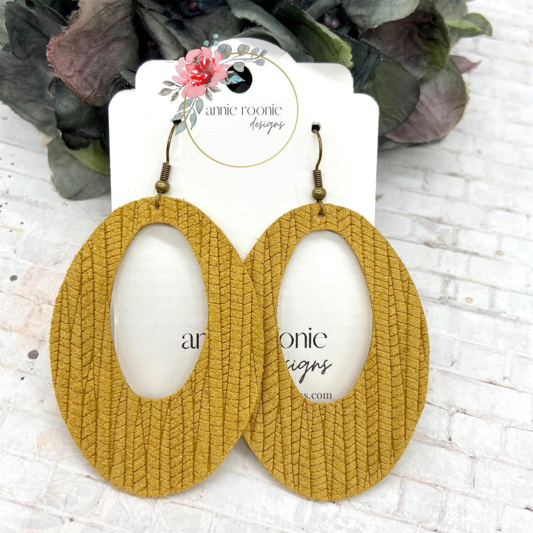 Mustard Yellow Striped Textured Suede Oval earrings