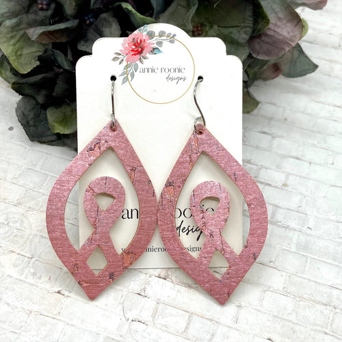 Pearl Pink Cork leather Breast Cancer Awareness Earrings