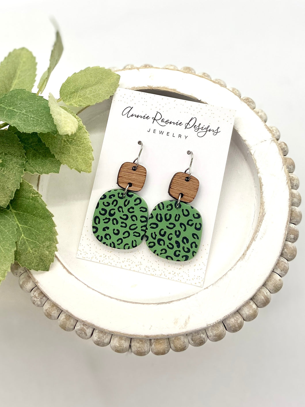 Green Leopard Double Square Clay earrings
