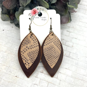 Snakeskin & Brown leather Double Pinched earrings