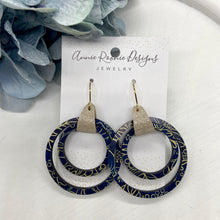 Load image into Gallery viewer, Navy &amp; Gold Floral Wood hoop earrings
