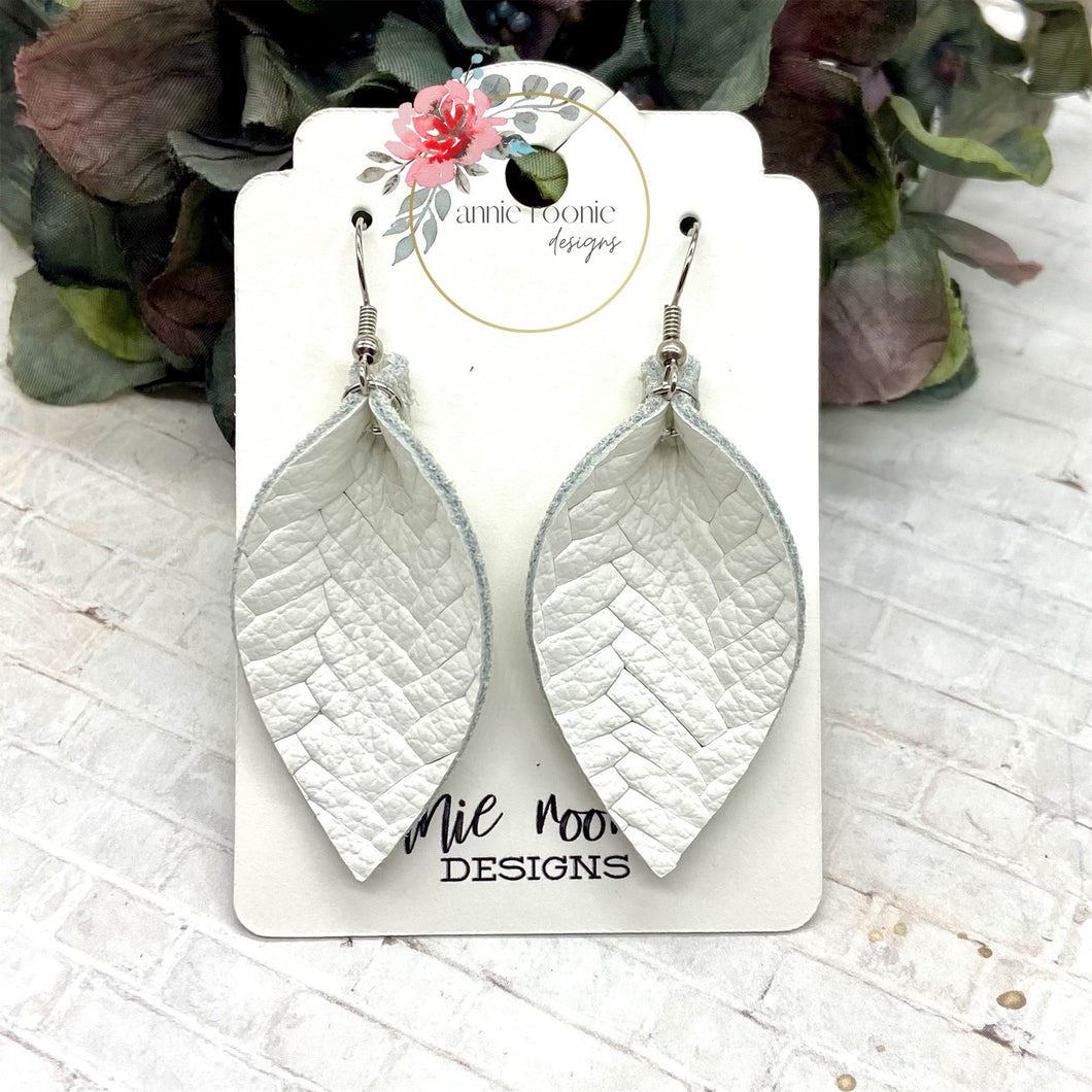 White Braided Leather Pinched Petal earrings