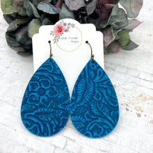 Load image into Gallery viewer, Turquoise Floral Embossed Leather Teardrop earrings