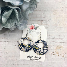Load image into Gallery viewer, Yellow Poppies on Navy Cork Leather Circle cutout earrings