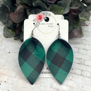 Green Buffalo Plaid leather Pinched Petal earrings