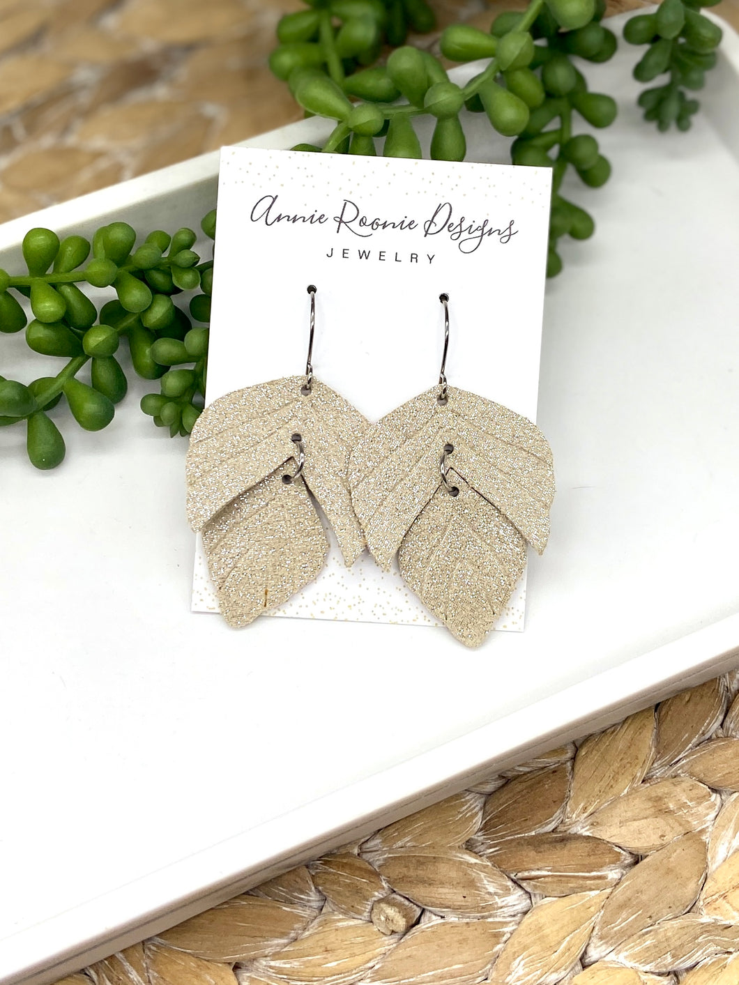 Champagne Shimmer Embossed Split leaf leather earrings