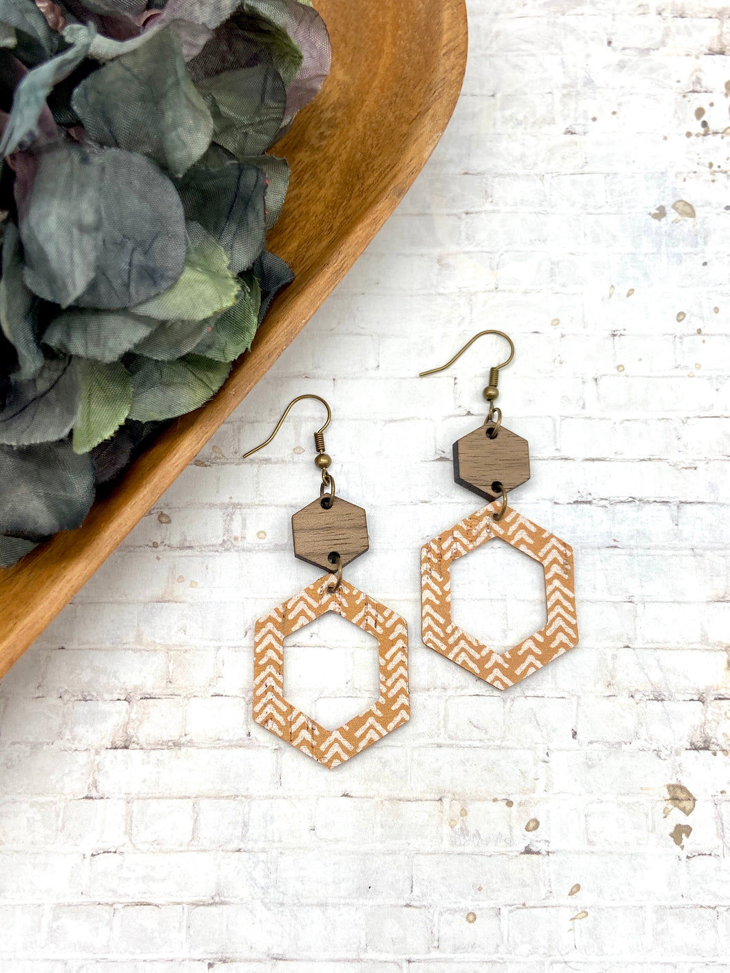 Wood + Leather Hexagon earrings