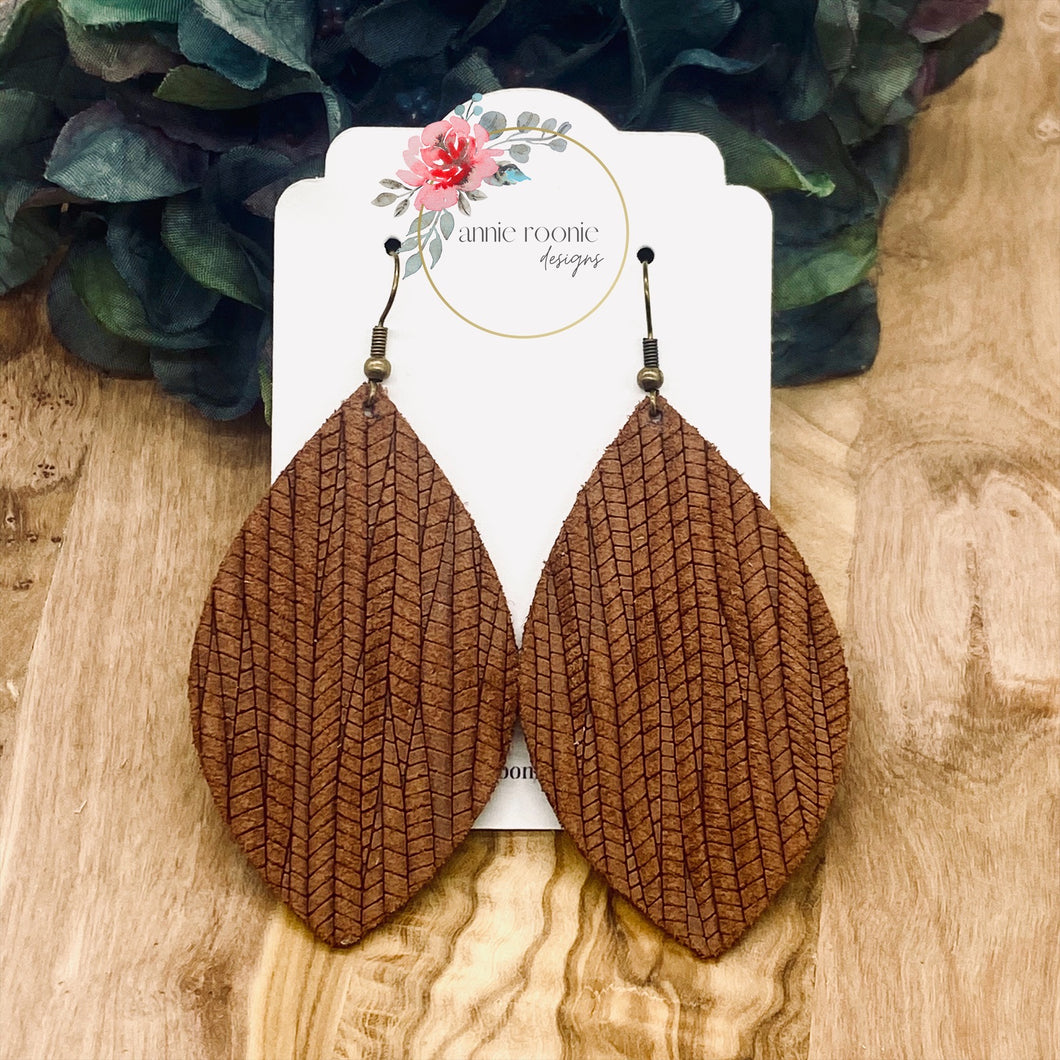 Pecan Brown Striped Textured Suede Marquis earrings