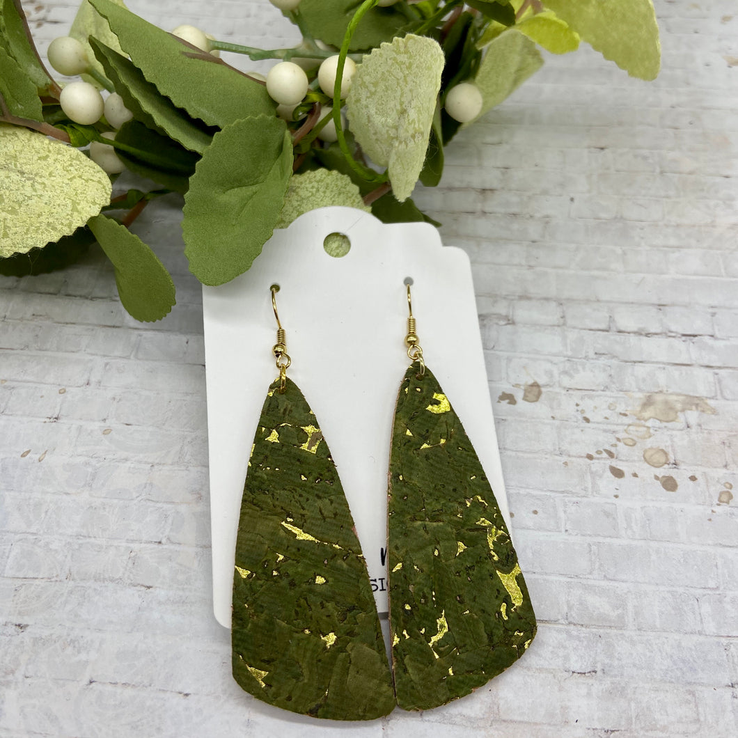 Green & Gold Cork leather Bar earrings