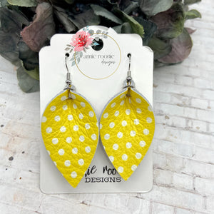 Yellow Polka Dot leather Pinched Petal earrings